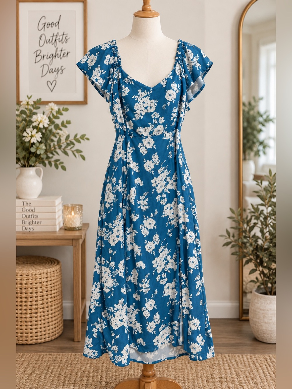 Old Navy Blue Floral Maxi Dress with White Print